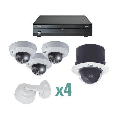 DEMO KIT Sistema IDIS IP 1080P, Incluye NVR 4 ch / 3 cámaras domo 4mm fijo Y 1 Domo PTZ interior Plafon